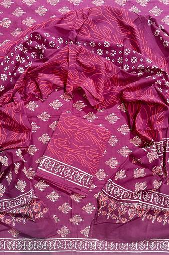 Magenta hand block printed cotton suit with kota doriya dupatta