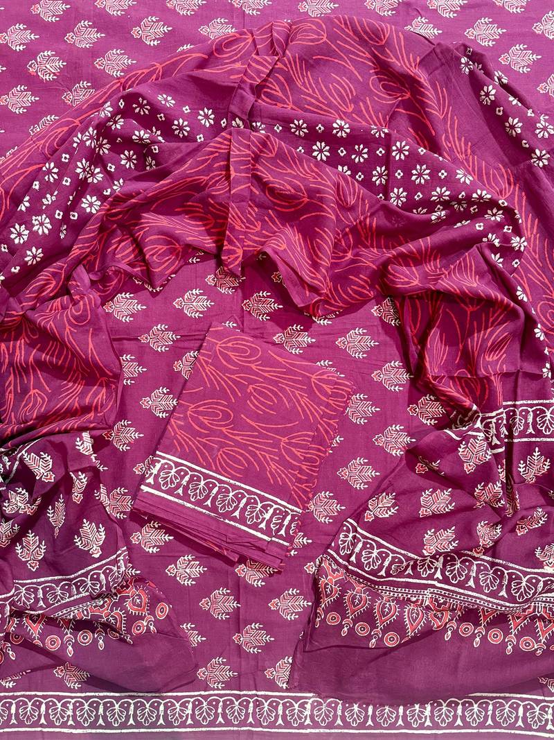 Magenta hand block printed cotton suit with kota doriya dupatta