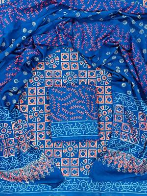 Blue hand block printed cotton suit with kota doriya dupatta 1