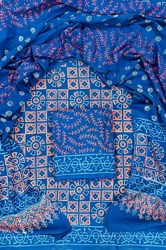 Blue hand block printed cotton suit with kota doriya dupatta