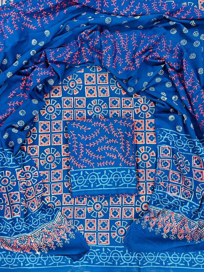 Blue hand block printed cotton suit with kota doriya dupatta