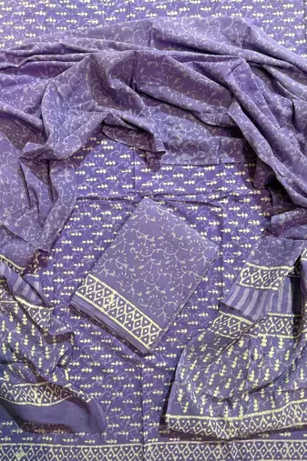 Purple hand block printed cotton suit with kota doriya dupatta