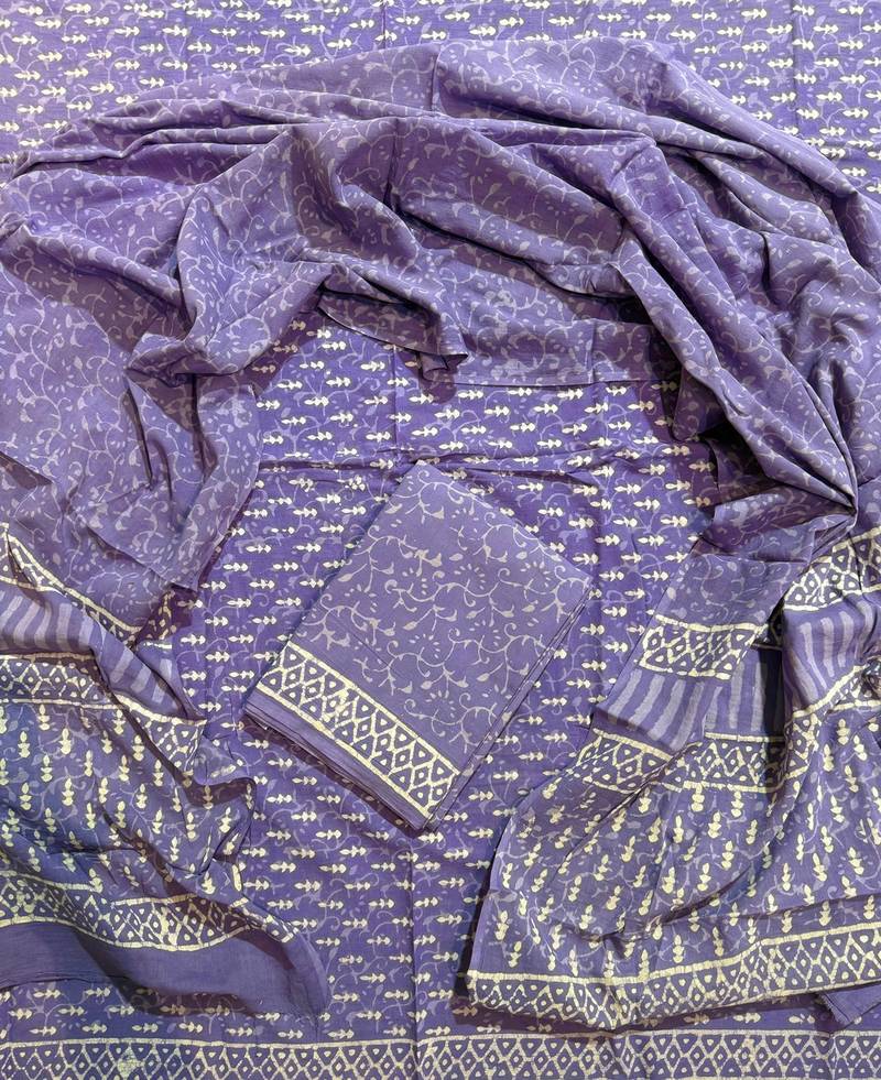 Purple hand block printed cotton suit with kota doriya dupatta
