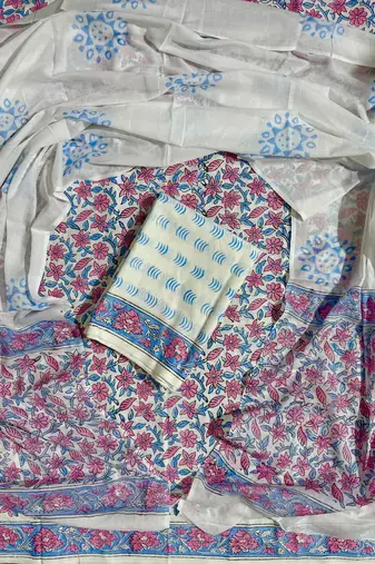 Off white hand block printed cotton suit with kota doriya dupatta