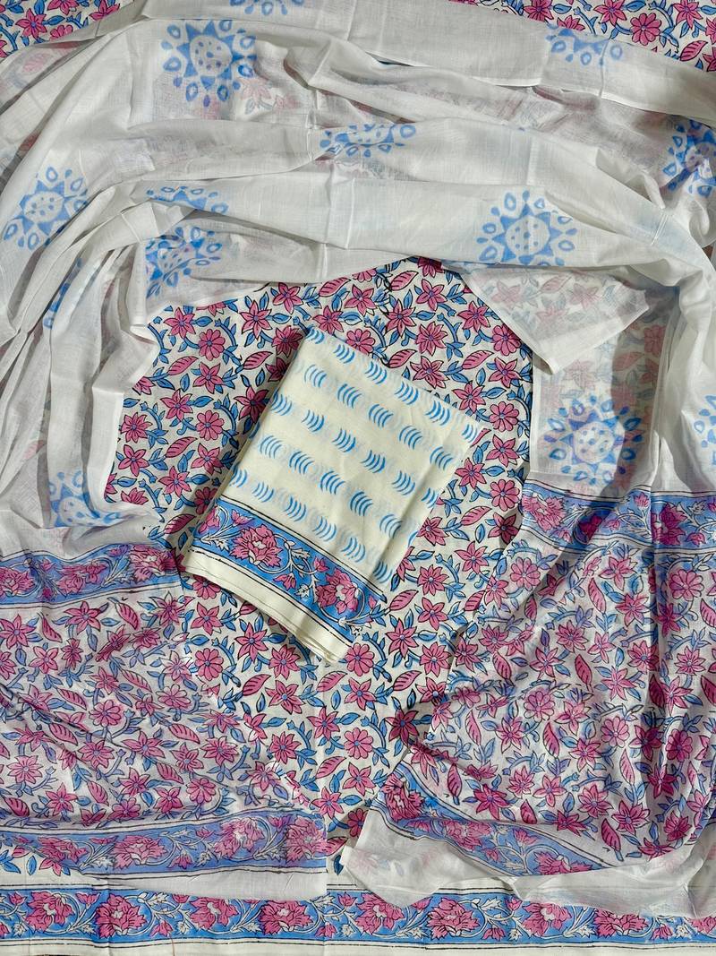 Off white hand block printed cotton suit with kota doriya dupatta