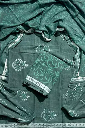 Green hand block printed cotton suit with kota doriya dupatta