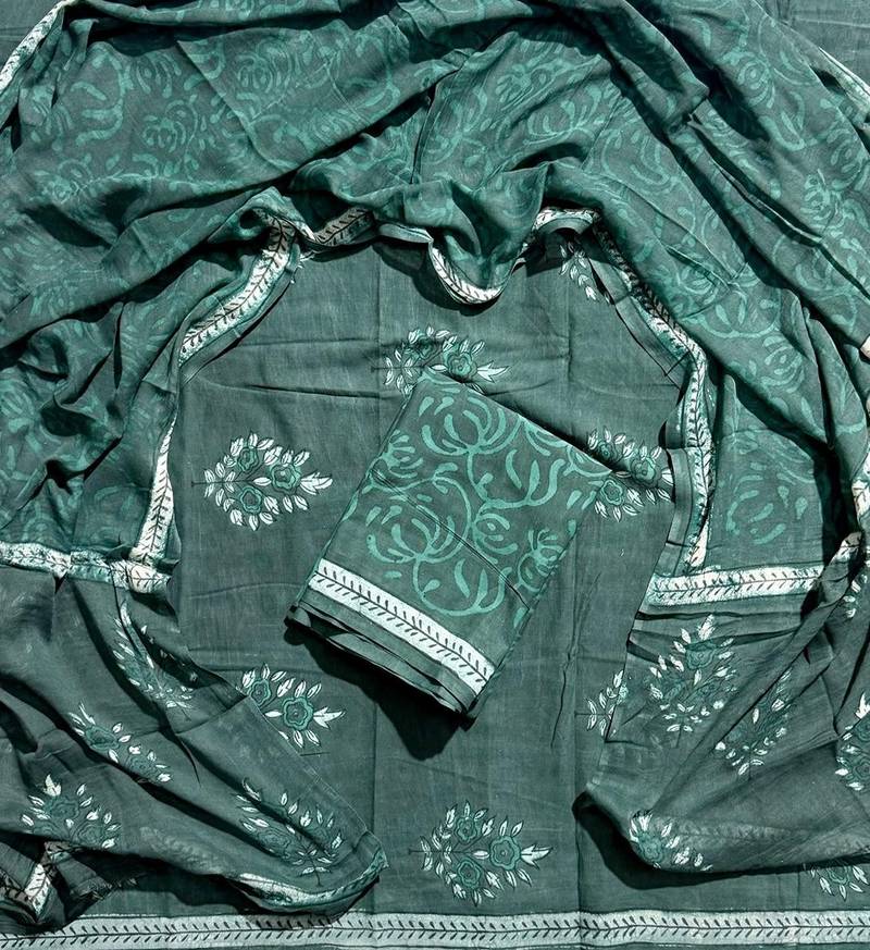 Green hand block printed cotton suit with kota doriya dupatta