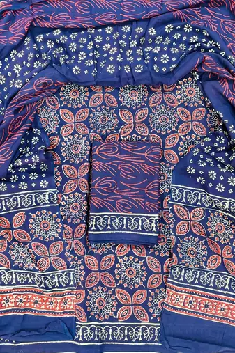 Blue hand block printed cotton suit with kota doriya dupatta