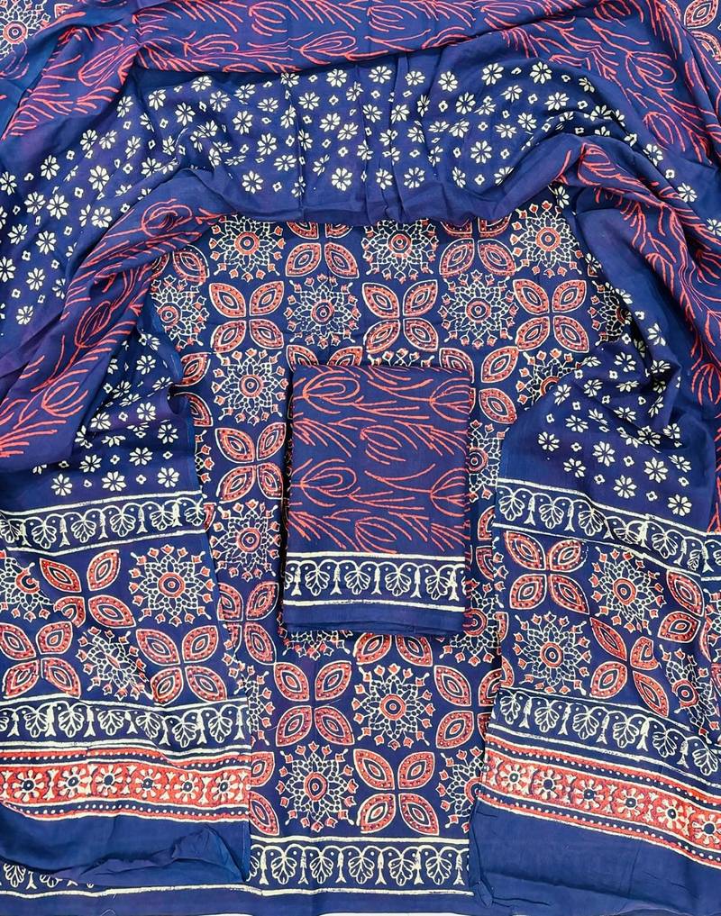 Blue hand block printed cotton suit with kota doriya dupatta