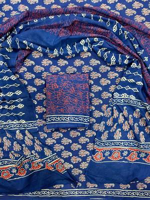 Blue hand block printed cotton suit with kota doriya dupatta 1