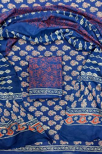 Blue hand block printed cotton suit with kota doriya dupatta