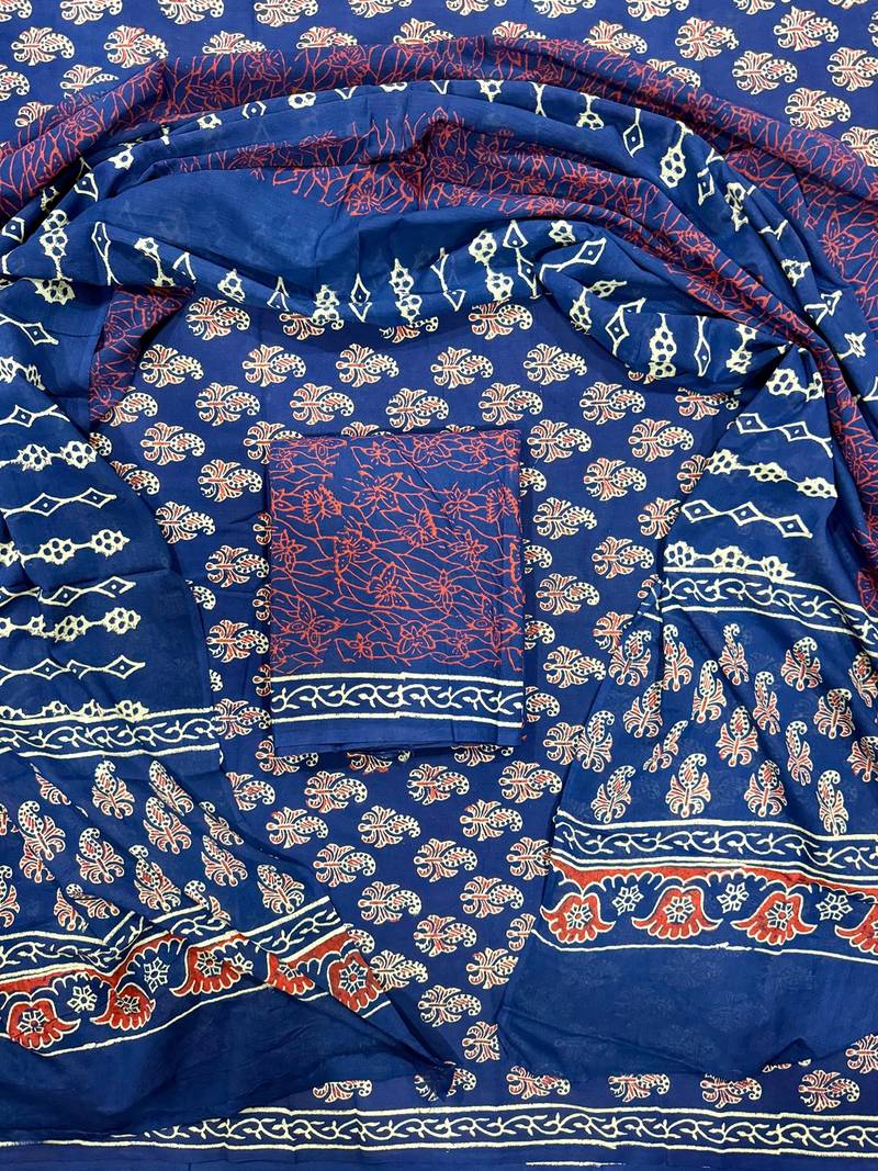Blue hand block printed cotton suit with kota doriya dupatta
