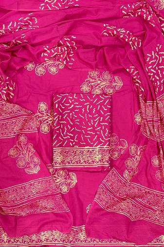 Pink hand block printed cotton suit with kota doriya dupatta