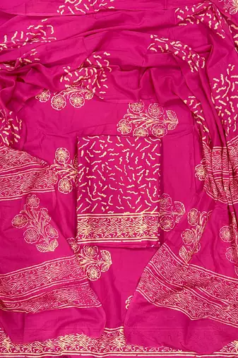 Pink hand block printed cotton suit with kota doriya dupatta