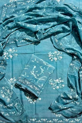 Blue hand block printed cotton suit with kota doriya dupatta