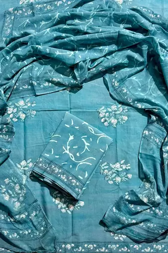 Blue hand block printed cotton suit with kota doriya dupatta