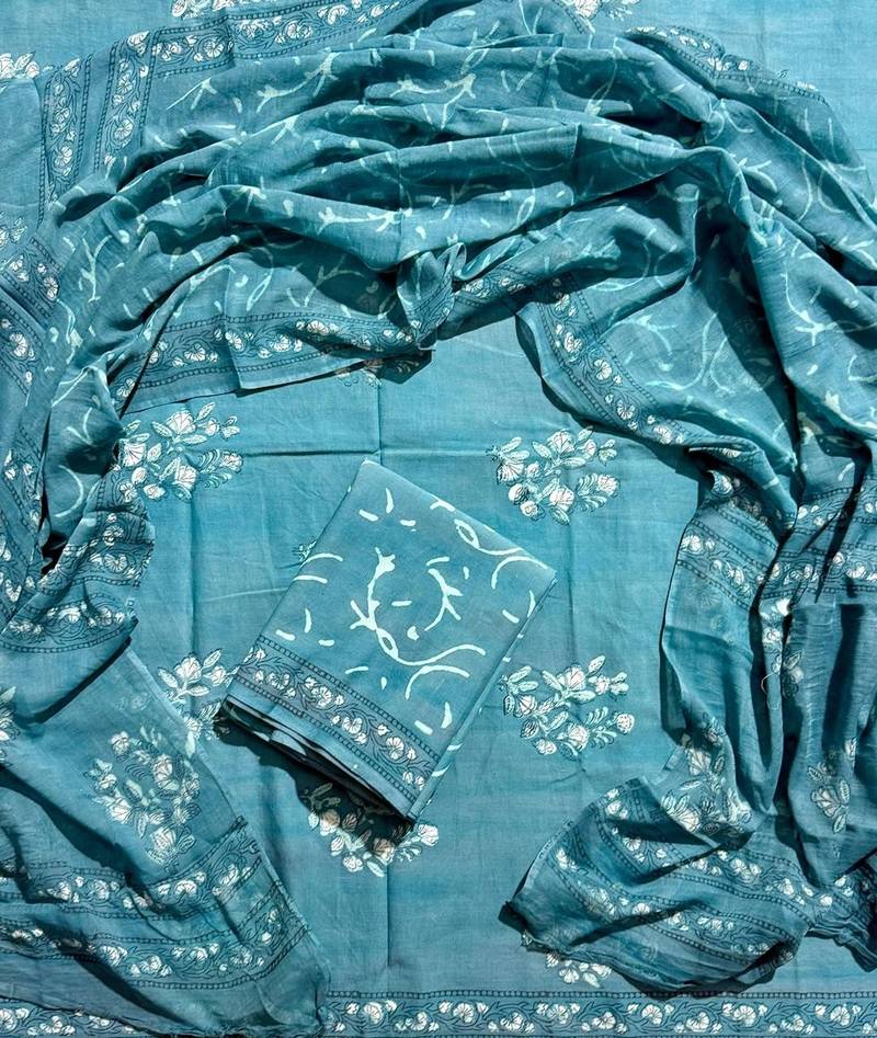 Blue hand block printed cotton suit with kota doriya dupatta