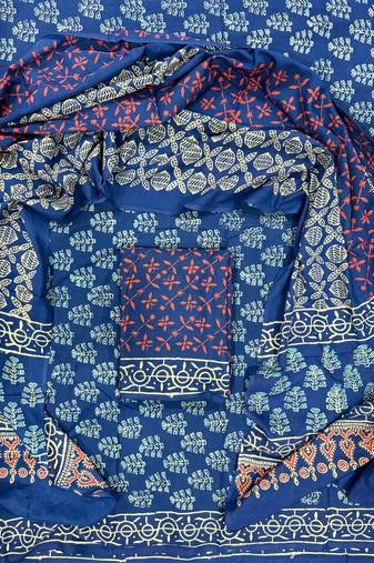 Blue hand block printed cotton suit with kota doriya dupatta