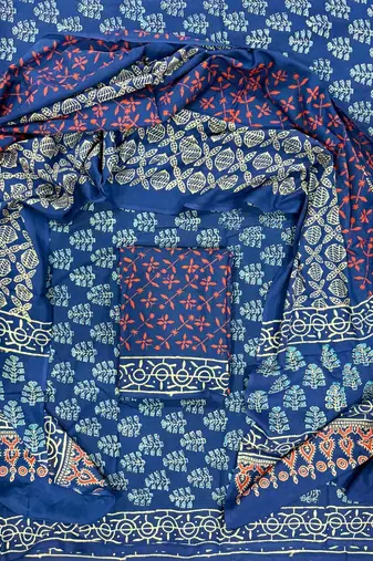 Blue hand block printed cotton suit with kota doriya dupatta