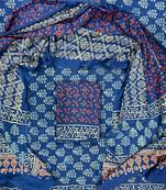 Blue hand block printed cotton suit with kota doriya dupatta