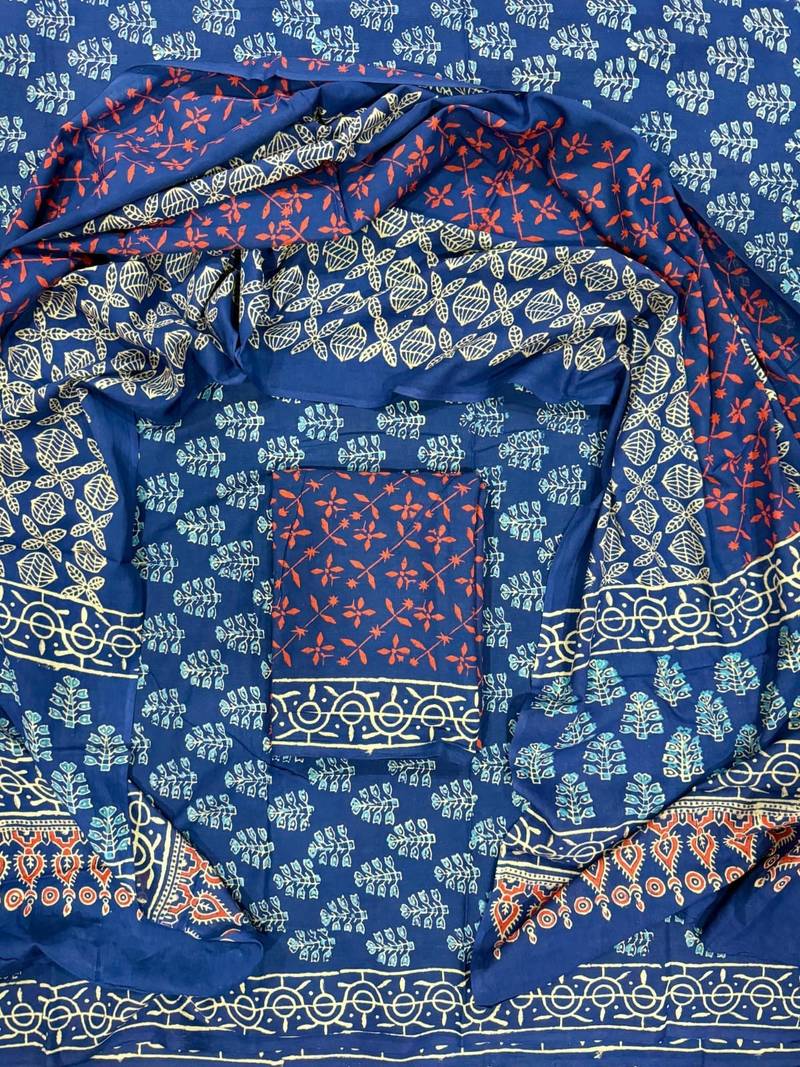 Blue hand block printed cotton suit with kota doriya dupatta