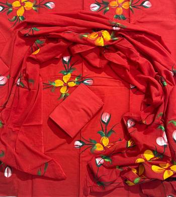 Red hand block printed cotton suit with kota doriya dupatta 1