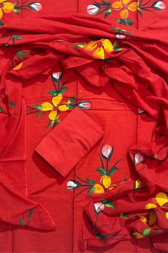 Red hand block printed cotton suit with kota doriya dupatta