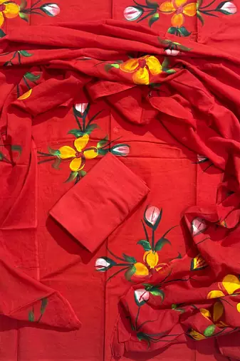 Red hand block printed cotton suit with kota doriya dupatta