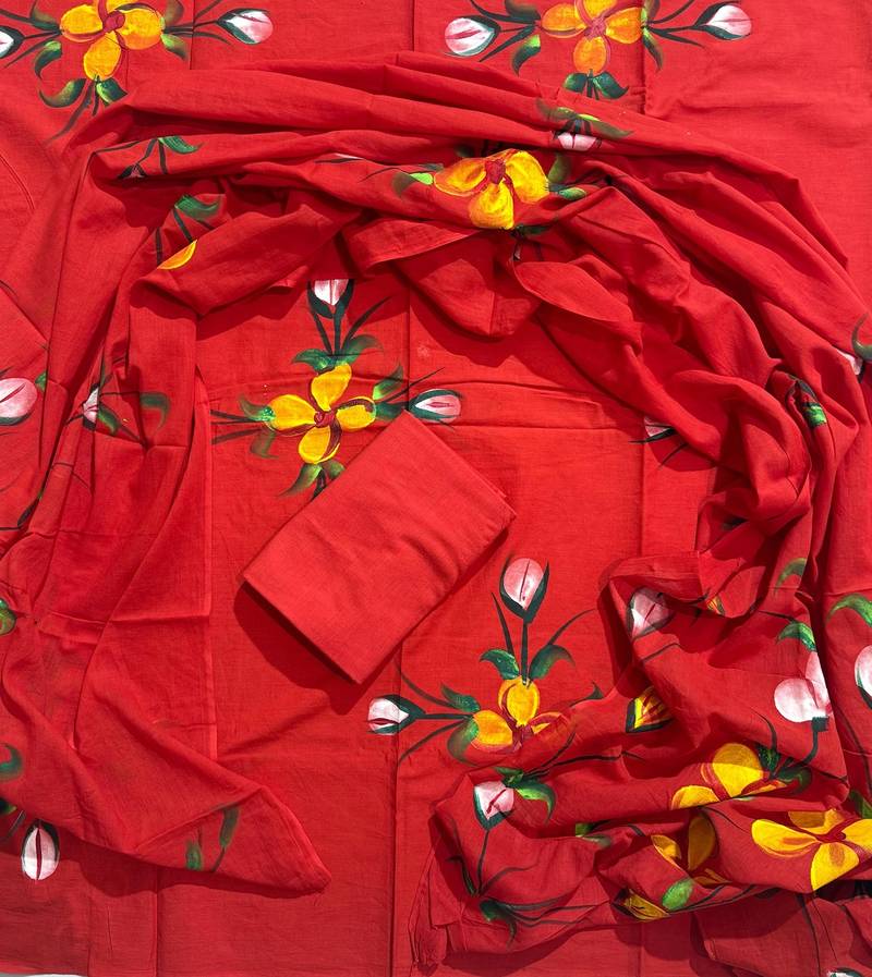 Red hand block printed cotton suit with kota doriya dupatta