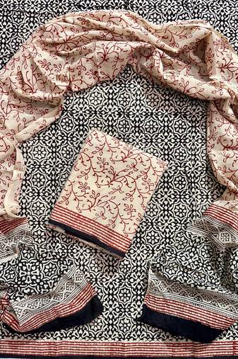 Cream hand block printed cotton suit with kota doriya dupatta