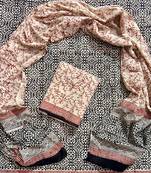 Cream hand block printed cotton suit with kota doriya dupatta