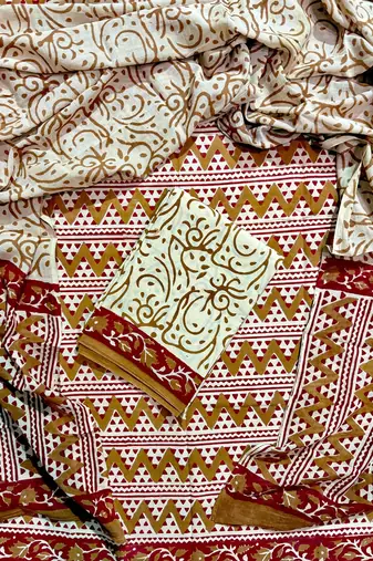 Multicolor hand block printed cotton suit with kota doriya dupatta