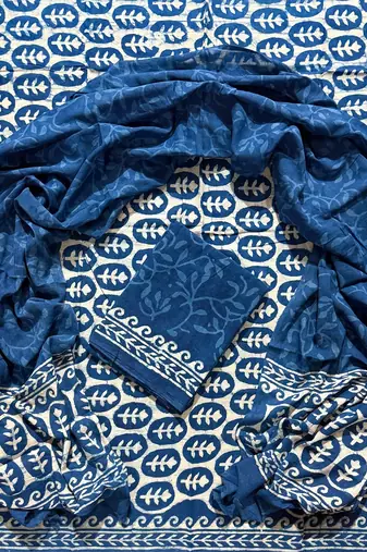 Blue hand block printed cotton suit with kota doriya dupatta