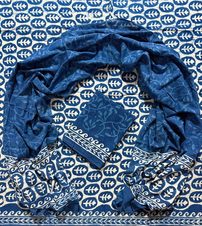 Blue hand block printed cotton suit with kota doriya dupatta