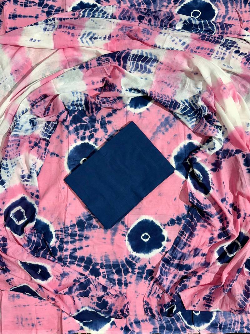 Pink hand block printed cotton suit with kota doriya dupatta