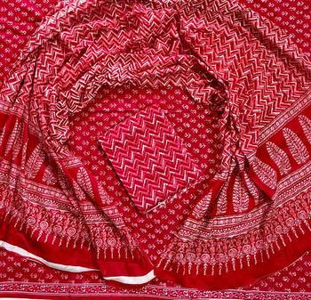 Red hand block printed cotton suit with kota doriya dupatta 1