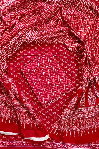 Red hand block printed cotton suit with kota doriya dupatta