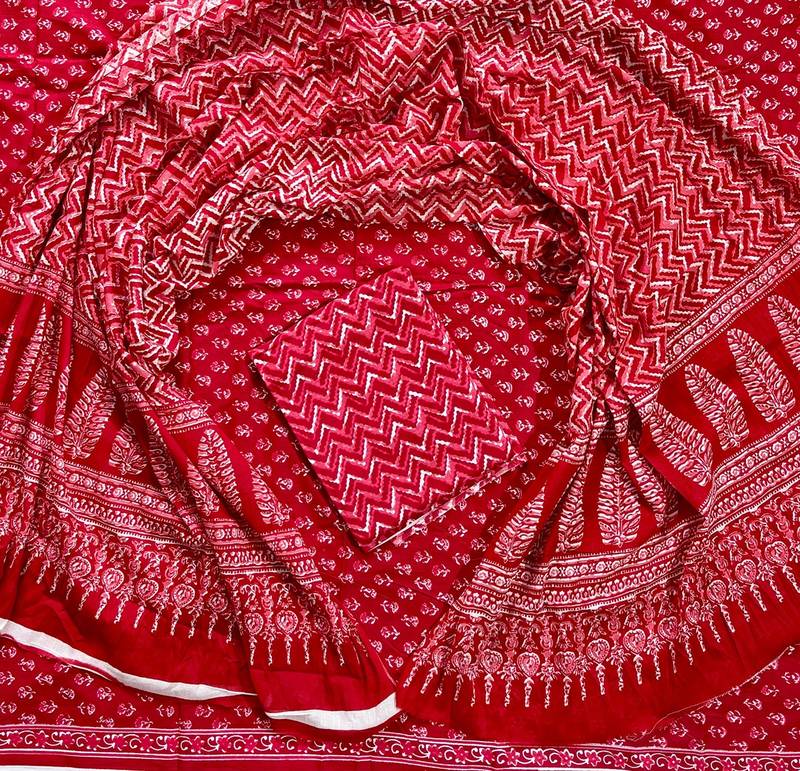 Red hand block printed cotton suit with kota doriya dupatta