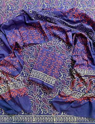 Blue hand block printed cotton suit with kota doriya dupatta 1