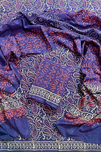 Blue hand block printed cotton suit with kota doriya dupatta