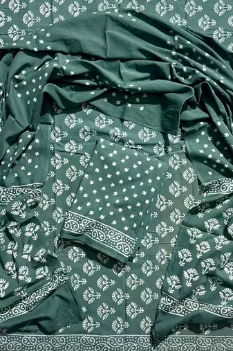 Green hand block printed cotton suit with kota doriya dupatta
