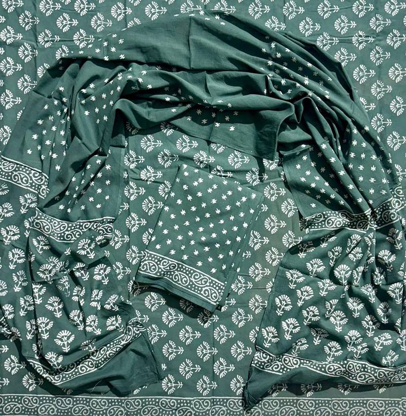 Green hand block printed cotton suit with kota doriya dupatta