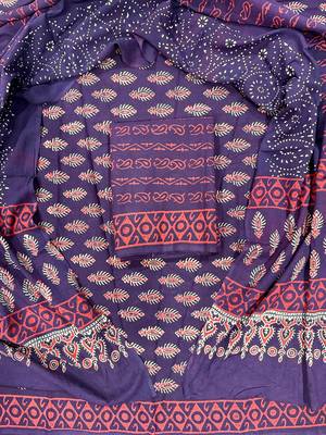 Navy blue hand block printed cotton suit with kota doriya dupatta 1