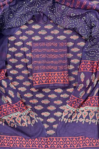 Navy blue hand block printed cotton suit with kota doriya dupatta