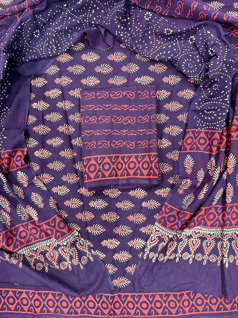 Navy blue hand block printed cotton suit with kota doriya dupatta