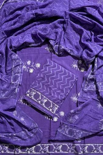 Navy blue hand block printed cotton suit with kota doriya dupatta