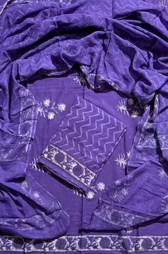 Navy blue hand block printed cotton suit with kota doriya dupatta