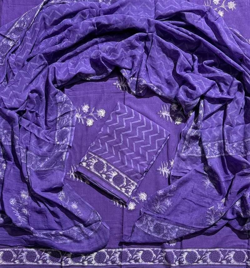 Navy blue hand block printed cotton suit with kota doriya dupatta