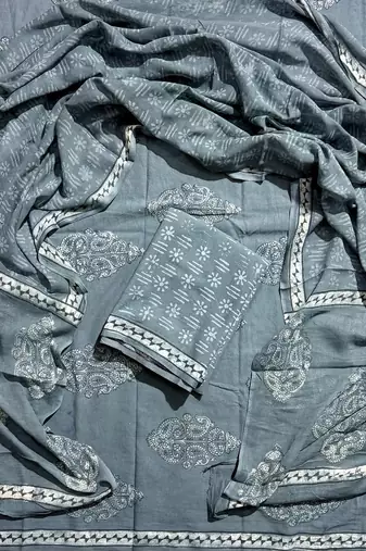 Grey hand block printed cotton suit with kota doriya dupatta