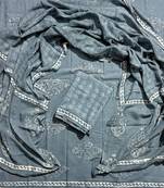 Grey hand block printed cotton suit with kota doriya dupatta